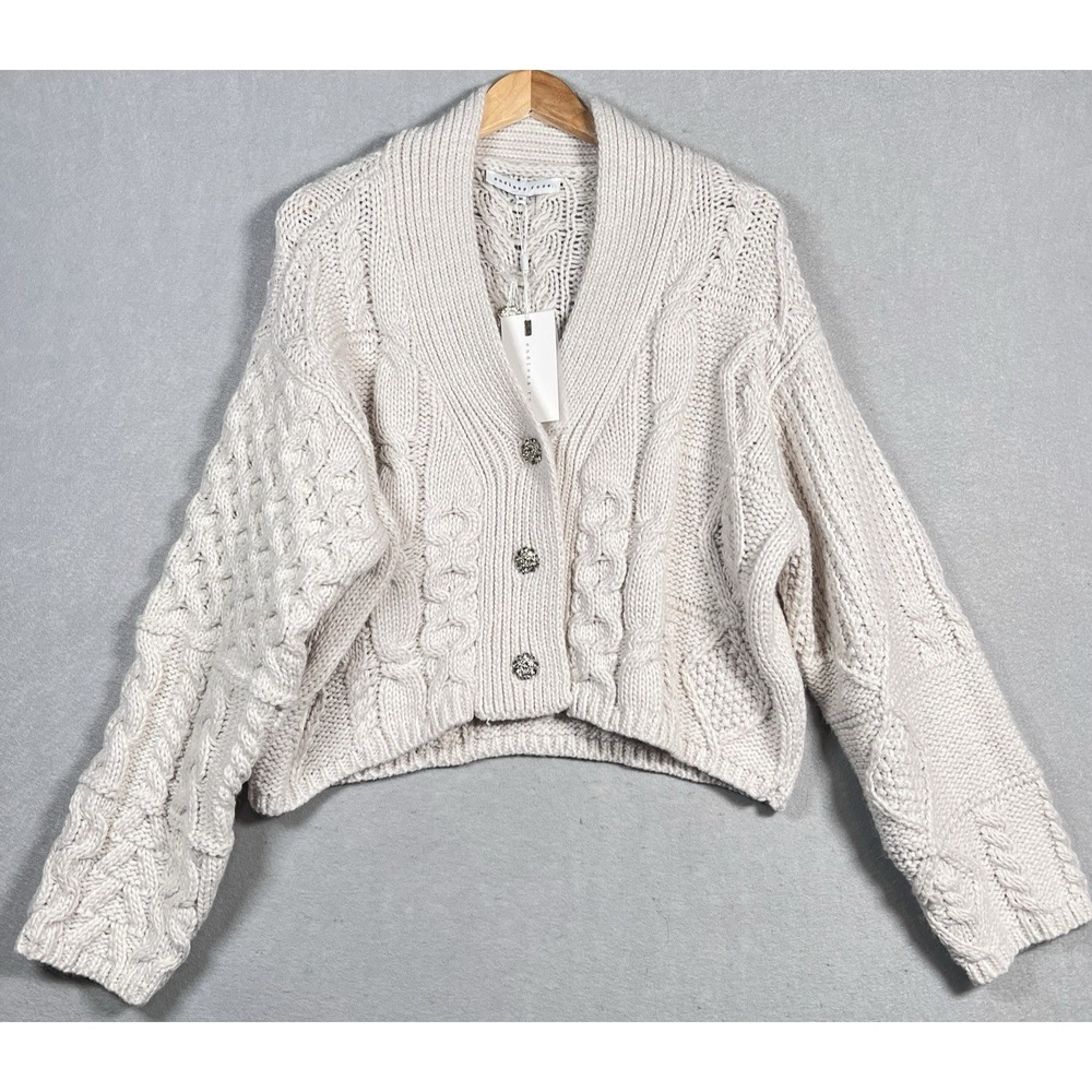 Endless Rose Cardigan Women Medium Ivory Cream Rhinestone Button Cable Knit Boho